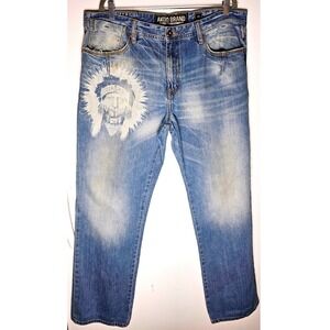 AKOO Brand Men Native American Graphic Light Wash Denim Jeans Size 40 Streetwear